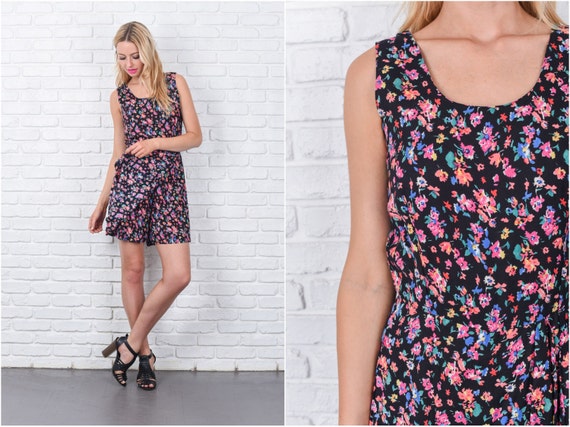 Vintage 90s Black + Pink Romper Mini shorts dress