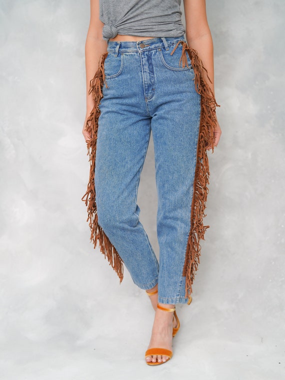 Vintage 90s Blue Jeans Denim Leather Suede Fringe… - image 8