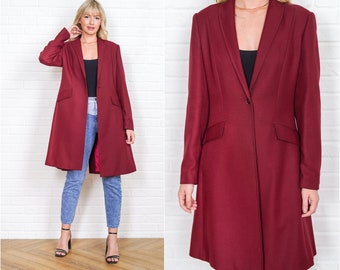 70s Burgundy Mod Coat Vintage Peacoat Polyester A-line Medium M