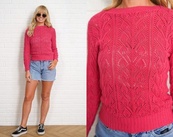 90s Cable Knit Sweater Vintage Pink Sheer Crochet Small Long Sleeve S