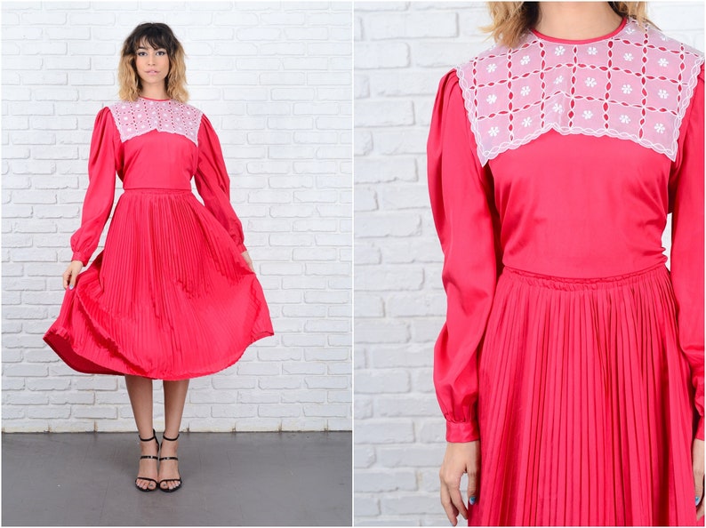 80s Pink Pleated Dress Vintage Slouchy Draped Cutout Lace Bib Collar Medium M image 1