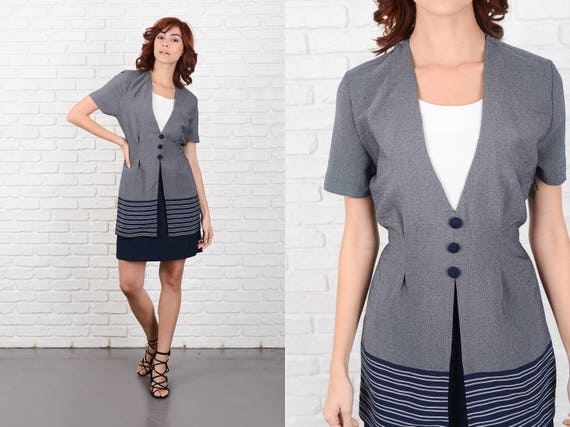 Vintage 80s Gray + White Retro Dress Tiered Short… - image 1