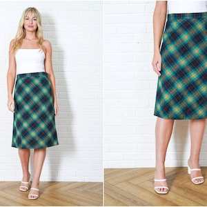 Vintage 60s 70s Teal Wool Skirt A Line High Waist Plaid Mod Striped Yellow M Medium
