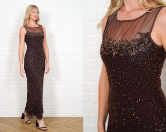 90s Beaded Maxi Dress Vintage Mesh illusion neckline Sequins Beads Party Cocktail Brown XS