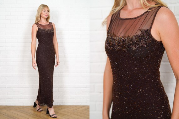 Long mesh dress with illusion cheap neckline