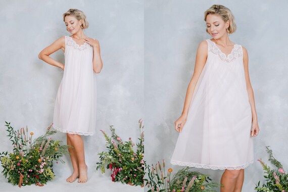 Buy Vintage 60s 70s Sheer Chiffon Lace Babydoll Nightgown Slip 