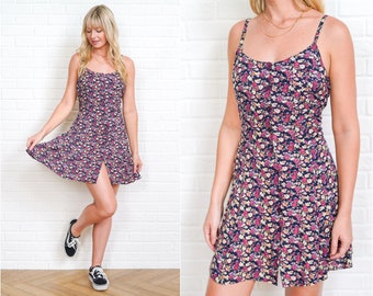 90s Floral Mini Dress Vintage Grunge Skater Small S Navy Blue Pink Flower Small S