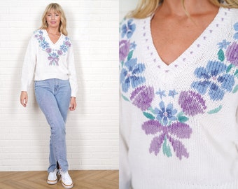 90s Crochet Knit Sweater Vintage Floral Flower Oversize V neckline Small Medium S M