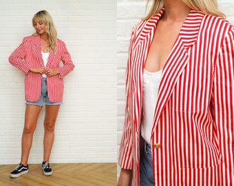 90s Striped Blazer Vintage Red White Jacket Top Gold Button Preppy Medium Large