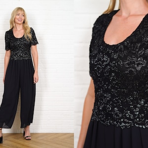 90er Jahre Spitzen Jumpsuit Vintage Blumen Spitze Schwarz Weites Bein Palazzo Hose Small