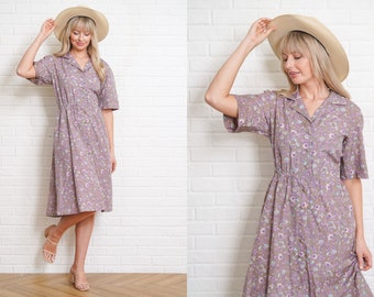 60s Floral Mod Dress Vintage A Line Full Shirt dress Sage Purple Pink Flower Medium