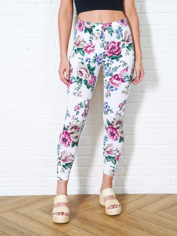 Vintage 80s 90s Floral Print Pants Flower White P… - image 7