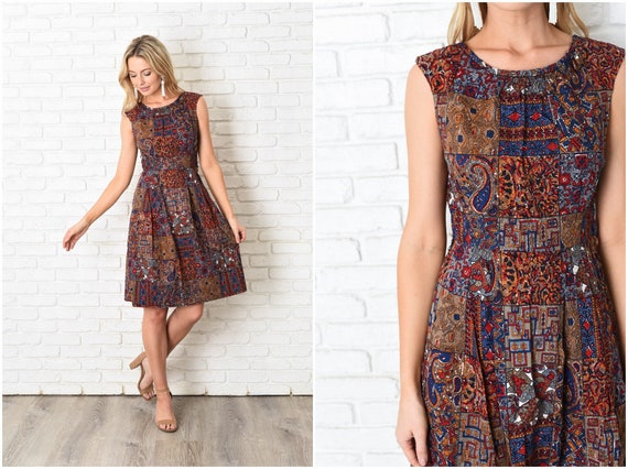 Vintage 60s Navy Blue Patchwork Print Geometric A… - image 1