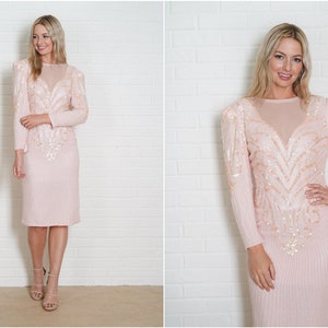Vintage 80s Pink Silk Beaded Dress Sequins Plunging Cocktail Party Small S