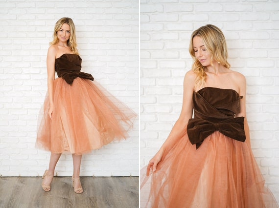 Vtg 50s Neapolitan Cocktail Dress Pink Brown Velve