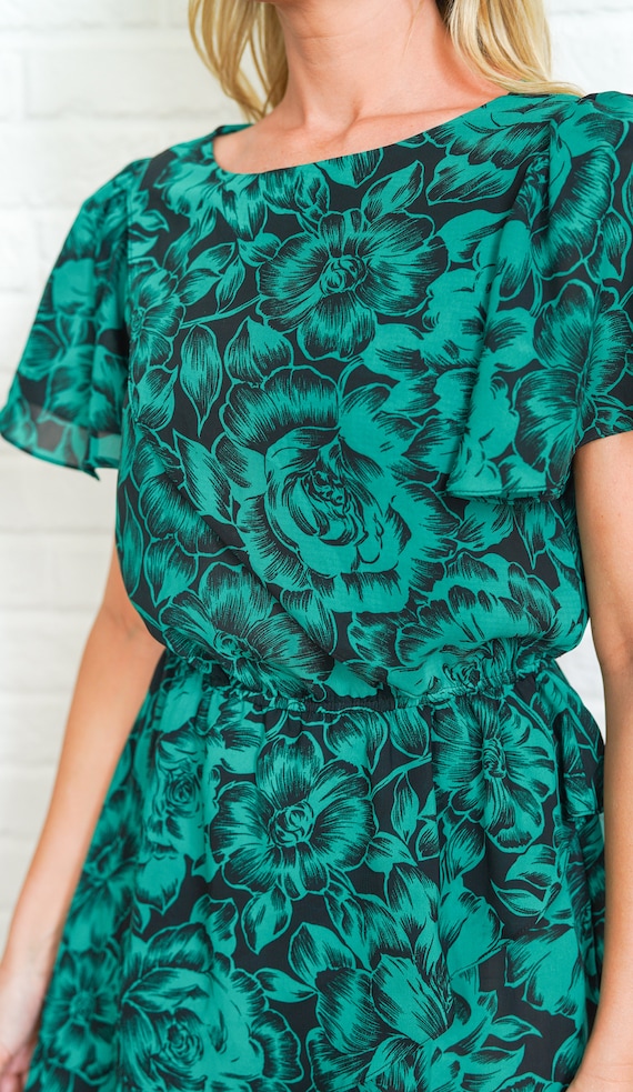 Green Floral Peplum Dress Vintage 80s Flowy Flutt… - image 10