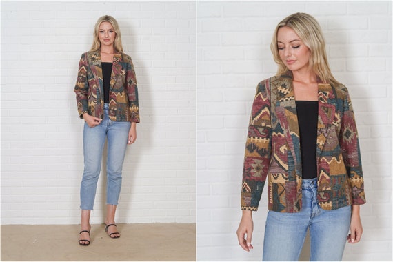 Vintage 90s Geometric Blazer Jacket Patchwork Ove… - image 1