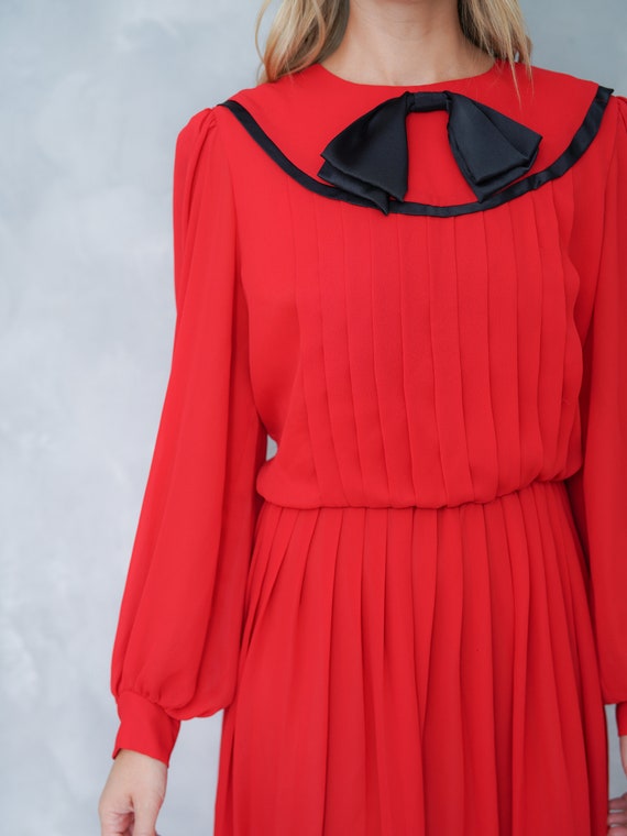 Vintage 80s Red Retro Dress Secretary Puff Sleeve… - image 6
