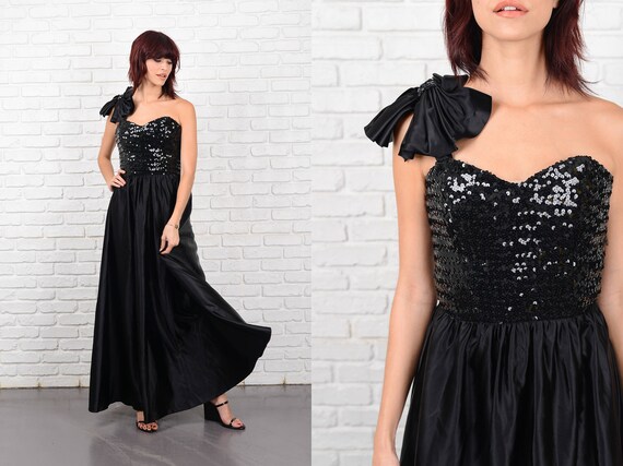 Vintage 80s Sequin One Shoulder Dress Bow Full Ma… - image 1