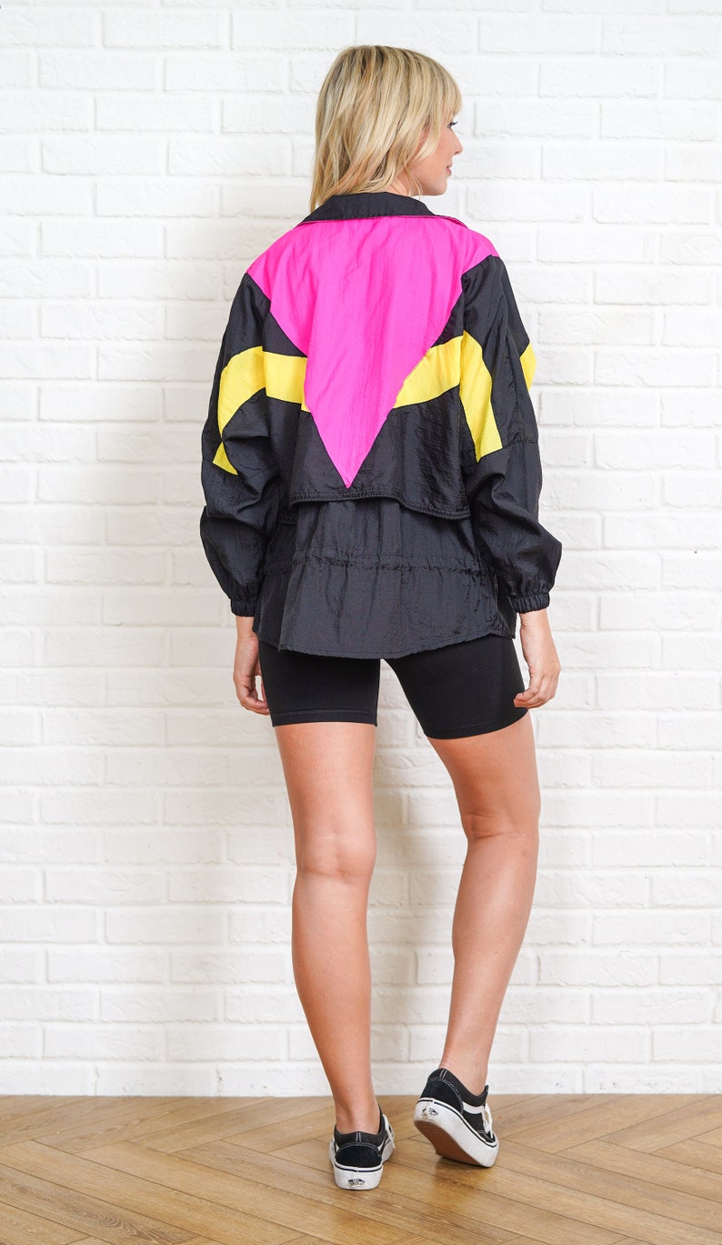 90s Pink Geometric Jacket Vintage Windbreaker Geo Triangle Black Yellow Small Medium S M image 5