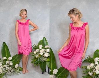 Vintage 90s  Pink Satin Ruffle neglige Lingerie Bridal Boudoir Slip Dress Nightgown Mini Large