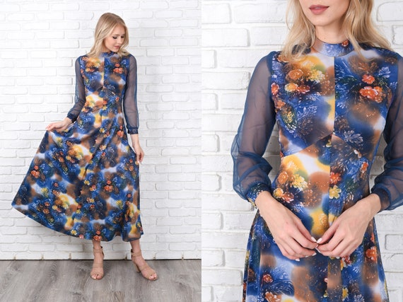 Vintage 70s Blue Maxi Dress Sheer Sleeve Floral P… - image 1