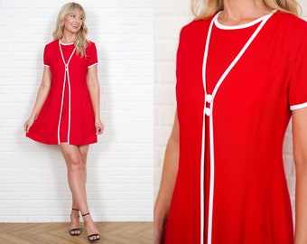 80s Red Mini Dress Vintage Striped Short Sleeve Retro Small