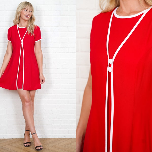 80s Red Mini Dress Vintage Striped Short Sleeve Retro Small