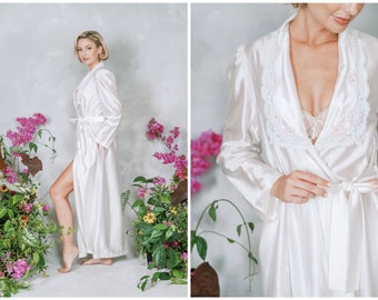 Vintage 80s White Satin Robe Peignoir Wrap Nightgown Slip Dress Gown Lingerie Bridal Boudoir M