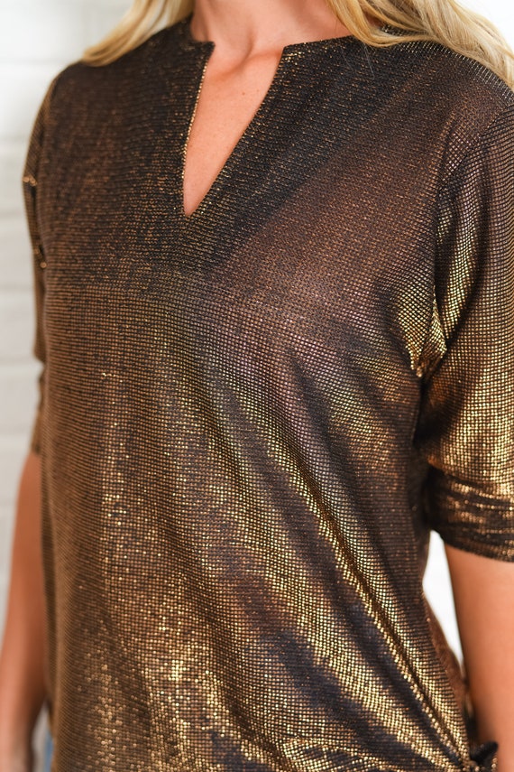 80s Gold Metallic Top Vintage Blouse Shirt Half S… - image 9