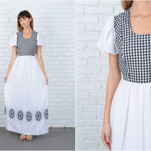 Vintage 70s Black + White Maxi Dress Boho Hippie Floral Gingham Plaid XS 8873