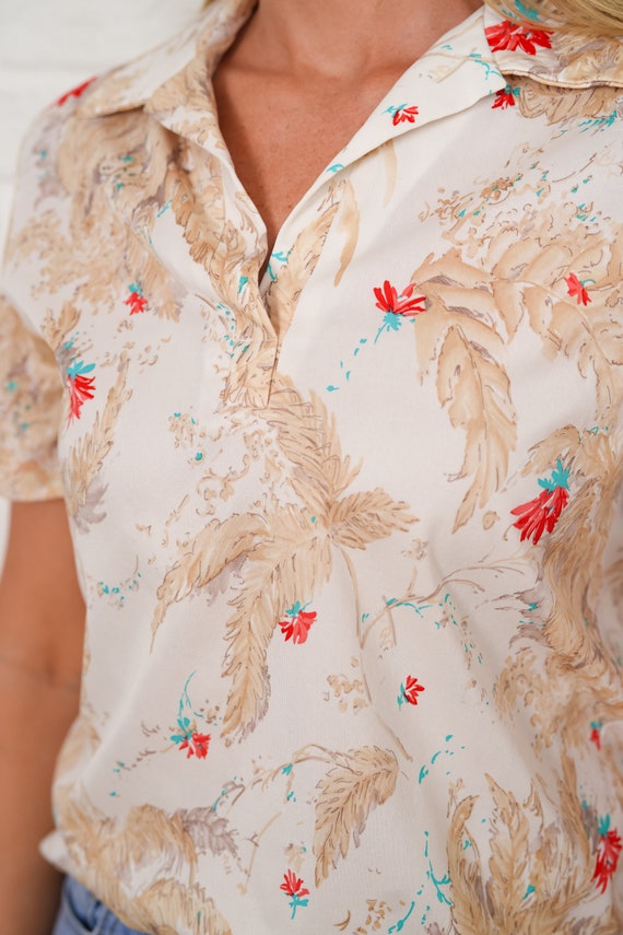 70s Floral Leaf Print Blouse Vintage Mod Shirt Polo Top 70s Floral Leaf Print Blouse Vintage Mod Shirt Polo Top