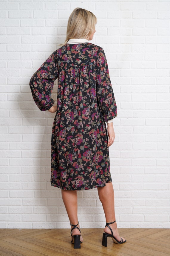 70s Floral A Line Mod Dress Vintage Black Mod Lin… - image 6