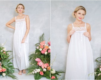 Vintage DVF Diane Von Furstenberg Lace sheer bow Nightgown Boudoir Bridal lingerie Maxi Dress M