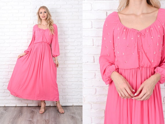 Vintage 60s Pink Draped Maxi Beaded Cocktail Part… - image 1