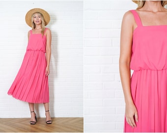 Vintage 70s Pink Pleated Dress Sleeveless Medium  M