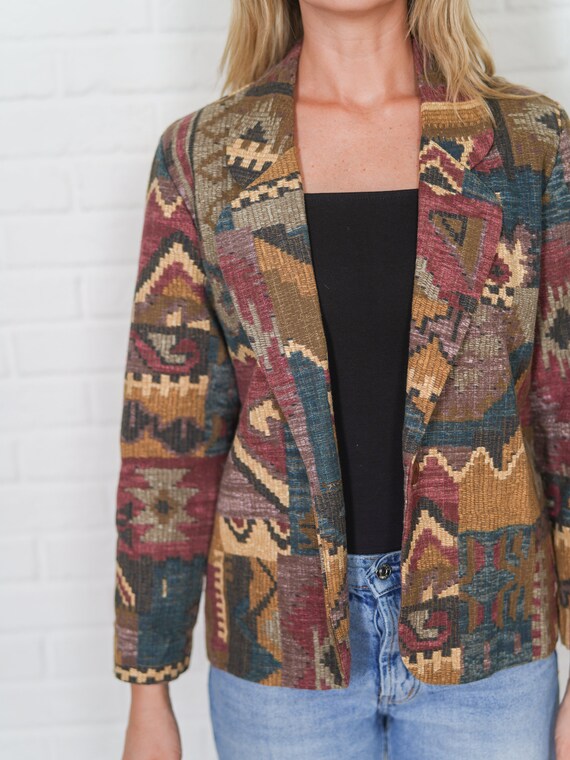 Vintage 90s Geometric Blazer Jacket Patchwork Ove… - image 7