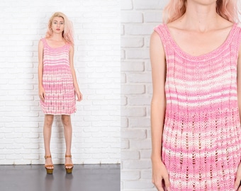 Vintage 70s Crochet Hippie Dress Knit Pink + White Festival Sheer XS Small 9943