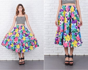 Vintage 80s Vivid Floral Print Skirt Colorful Bold Yellow Flower Full A Line M L 7745