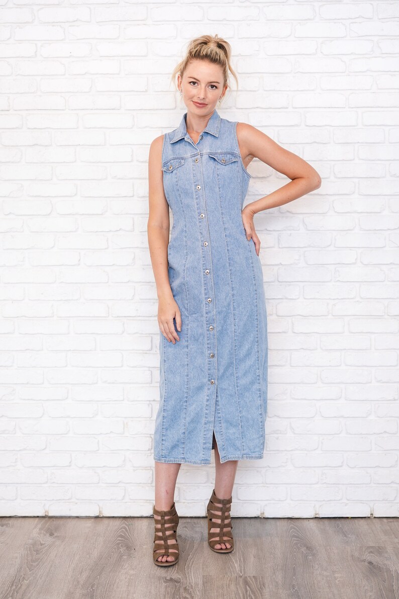Vintage 90s Blue Jean Midi Dress Denim Shirtdress Sleeveless Shirt Dress Medium