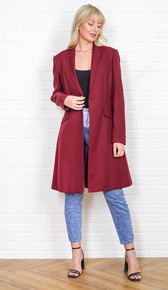 70s Burgundy Mod Coat Vintage Peacoat Polyester A… - image 2