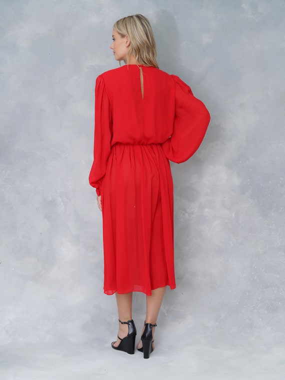 Vintage 80s Red Retro Dress Secretary Puff Sleeve… - image 8