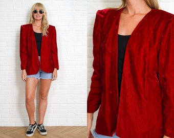 90s Avant Garde Jacket Vintage Blazer Red Velvet Strong Shoulder Large