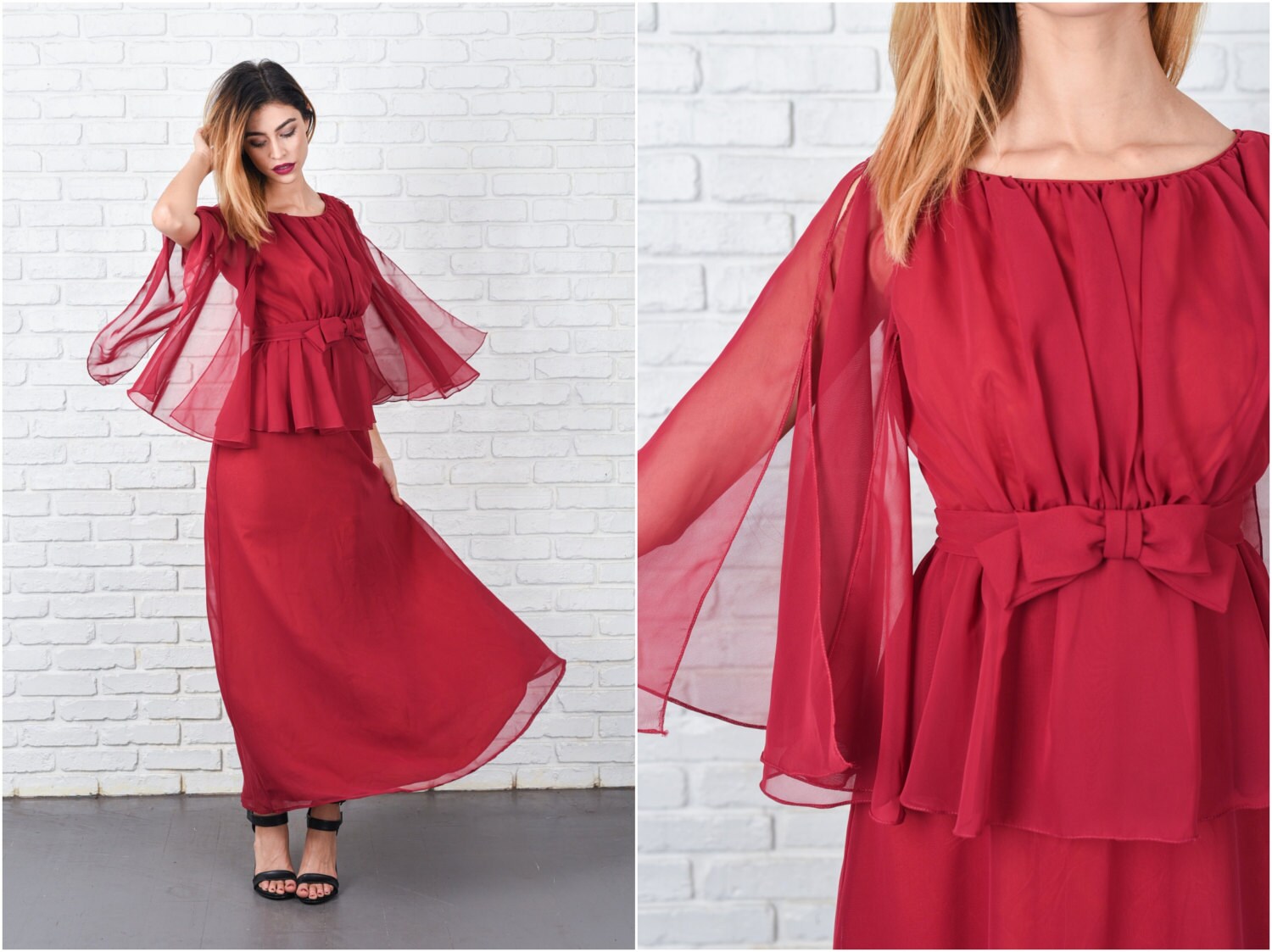 Cranberry Red Boho Dress Vintage 70s Sheer Cutout Slv Angel | Etsy