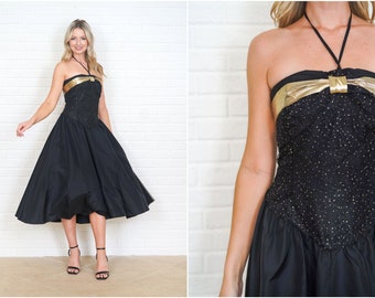 Vintage 90s Black + Gold Bow Cocktail Party Dress Strapless A-line Full XS