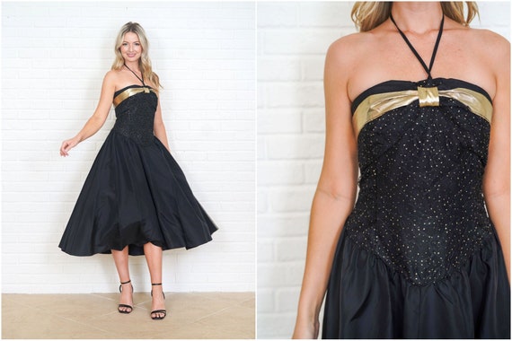 Vintage 90s Black Gold Bow Cocktail Party Dress Strapless A line Full XS Etsy UK