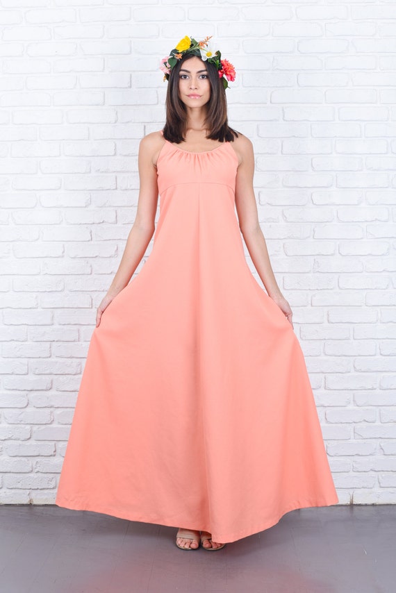 Maxi Dress - Vintage 70s Peach Orange - A Line -S… - image 3