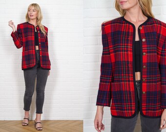 90s Plaid Jacket Vintage Striped Red Blue Wool Top Medium M