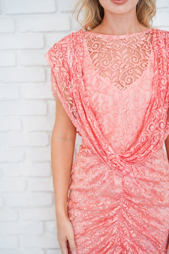 Vintage 80s Pink Lace Draped Dress Ruched Cutout … - image 7