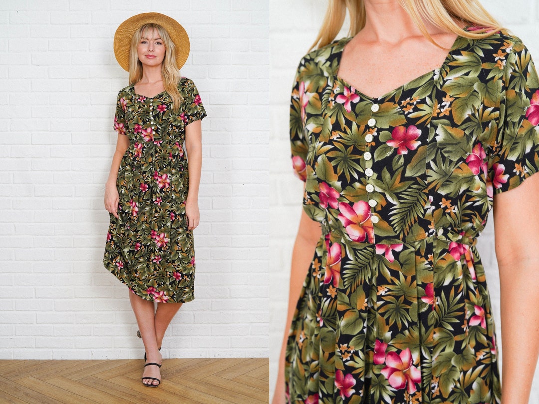 90s Green Leaf Dress Vintage Floral Garden Leaf Print Midi Short Sleeve